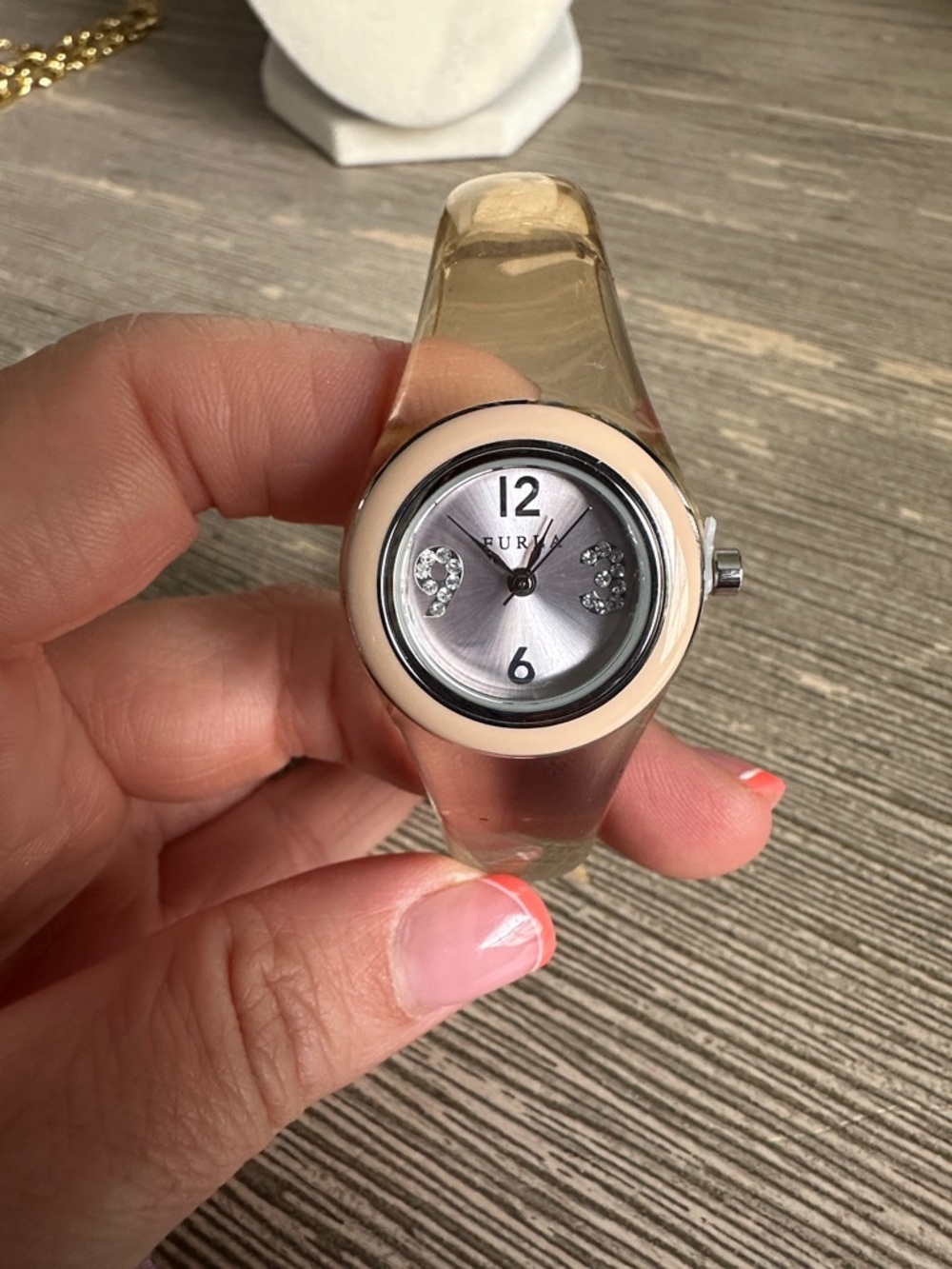 Furla Clear Resin Bangle Watch with Beige Bezel and Silver Dial